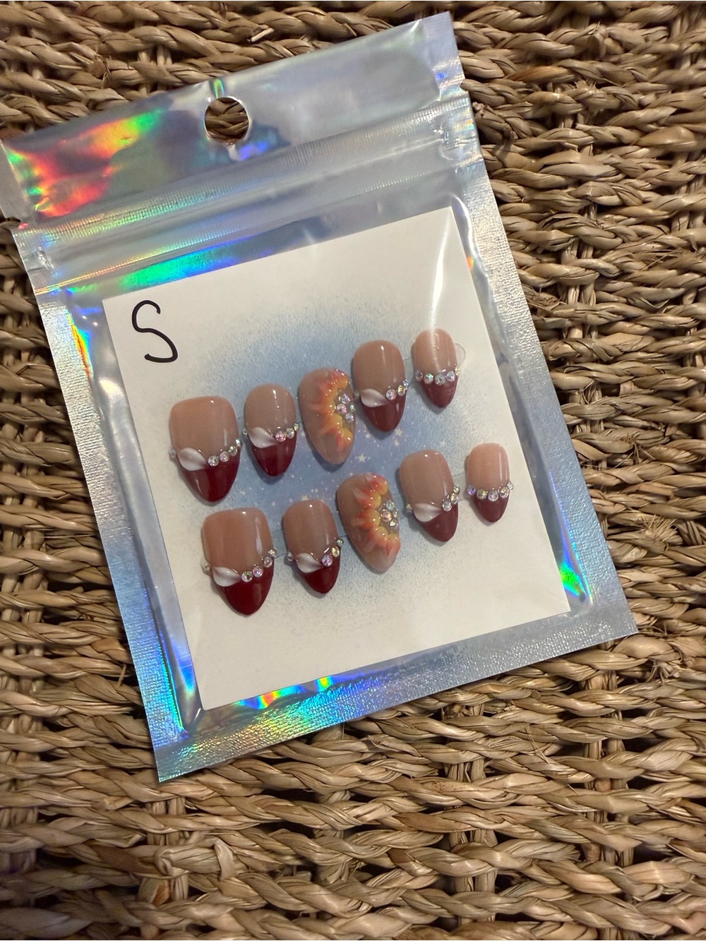 Nude & Burgundy Floral Press-On Nail Set with Rhinestones